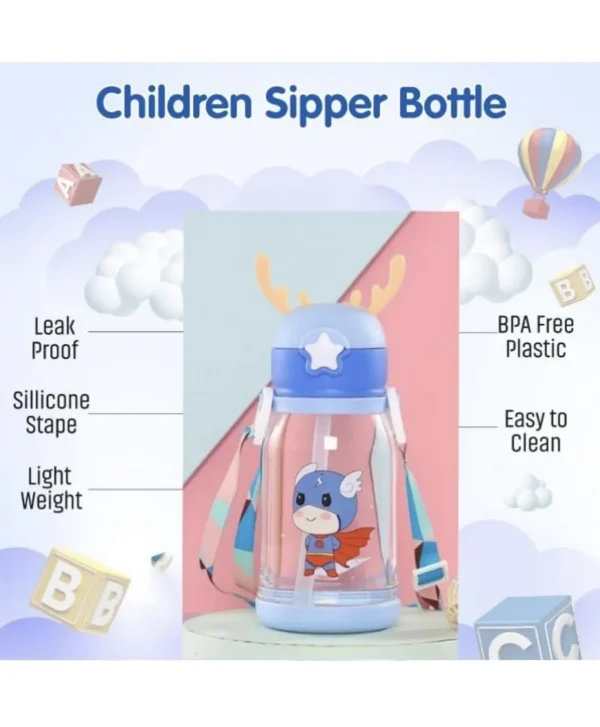 Deer Horn Shape Water Bottle with Cartoon Character for Kids 600 ML capacity, the bottle provides ample hydration for kids  - Blue - Image 5