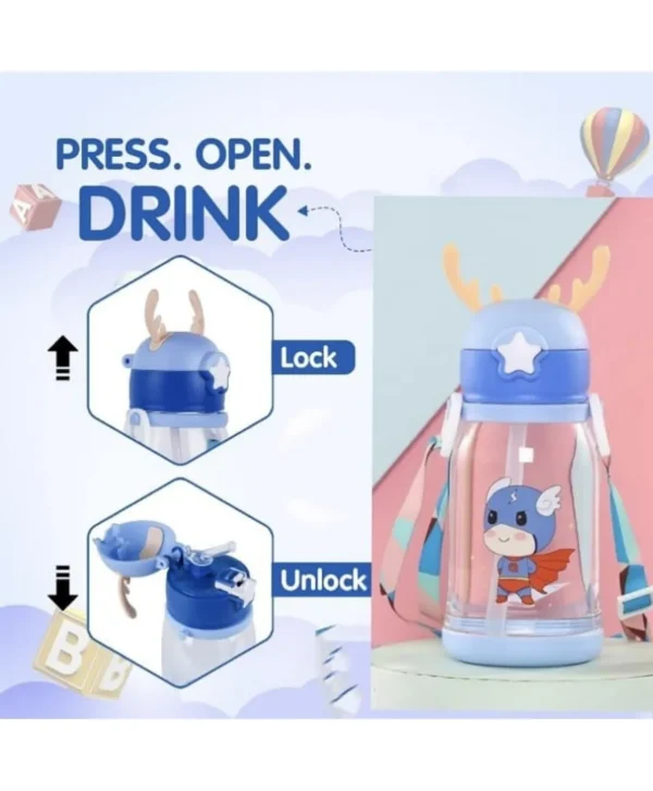 Deer Horn Shape Water Bottle with Cartoon Character for Kids 600 ML capacity, the bottle provides ample hydration for kids  - Blue - Image 3