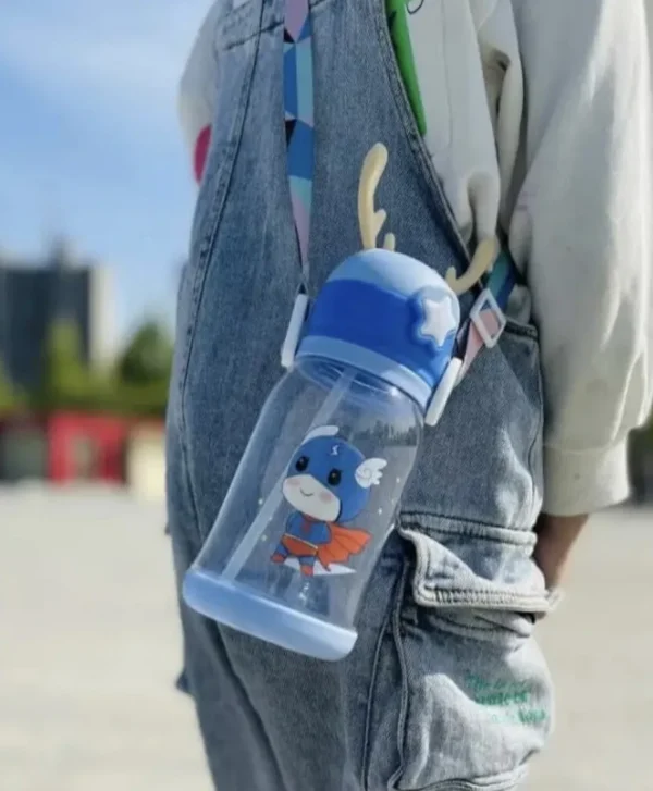 Deer Horn Shape Water Bottle with Cartoon Character for Kids 600 ML capacity, the bottle provides ample hydration for kids  - Blue - Image 2