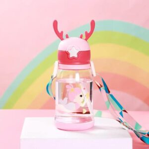 Deer Horn Shape Water Bottle with Cartoon Character for Kids 600 ML capacity, the bottle provides ample hydration for kids  - Pink