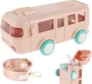 Bus Shape Water Bottle for Kids Detachable Straw with Shoulder Strap Leak-Proof Cartoon Water Bottle with Wheels (Color-Pink)