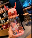 Deer Horn Shape Water Bottle with Cartoon Character for Kids 600 ML capacity, the bottle provides ample hydration for kids  - Pink