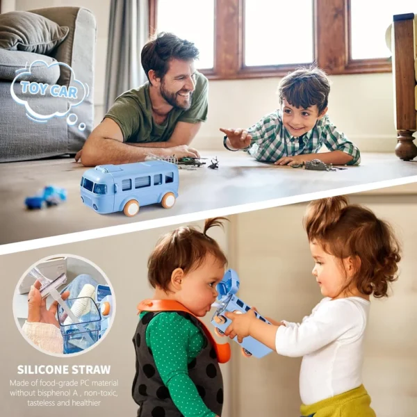 Bus Shape Water Bottle for Kids Detachable Straw with Shoulder Strap Leak-Proof Cartoon Water Bottle with Wheels (Color-Blue) - Image 6