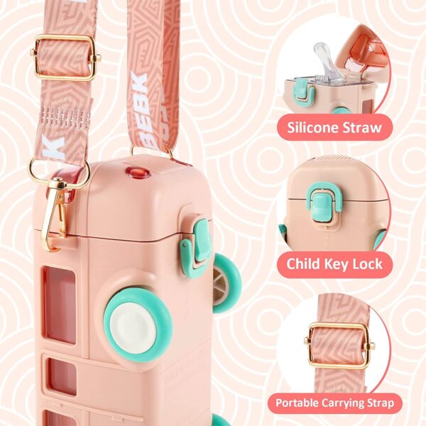 Bus Shape Water Bottle for Kids Detachable Straw with Shoulder Strap Leak-Proof Cartoon Water Bottle with Wheels (Color-Pink) - Image 6