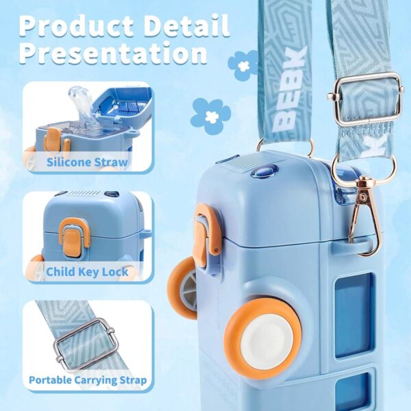 Bus Shape Water Bottle for Kids Detachable Straw with Shoulder Strap Leak-Proof Cartoon Water Bottle with Wheels (Color-Blue) - Image 2