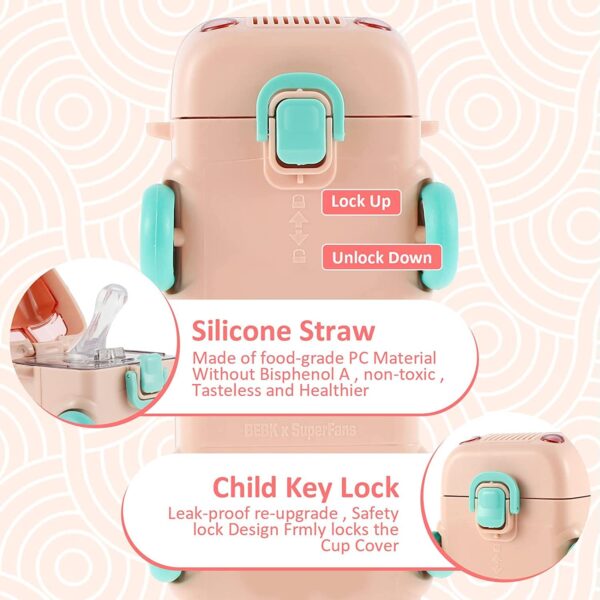Bus Shape Water Bottle for Kids Detachable Straw with Shoulder Strap Leak-Proof Cartoon Water Bottle with Wheels (Color-Pink) - Image 3