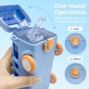 Bus Shape Water Bottle for Kids Detachable Straw with Shoulder Strap Leak-Proof Cartoon Water Bottle with Wheels (Color-Blue)