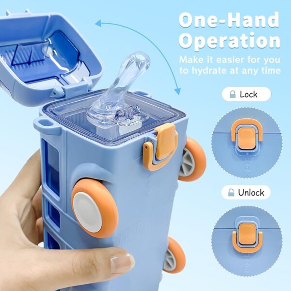 Bus Shape Water Bottle for Kids Detachable Straw with Shoulder Strap Leak-Proof Cartoon Water Bottle with Wheels (Color-Blue) - Image 4