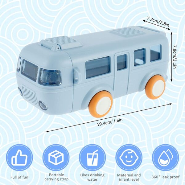 Bus Shape Water Bottle for Kids Detachable Straw with Shoulder Strap Leak-Proof Cartoon Water Bottle with Wheels (Color-Blue) - Image 3