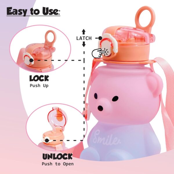 Push Button Open Kids Water Bottle with Straw, Sipper Bottle for Kids with Adjustable Strap and Stickers, 800ml, (Pack of 1, Pink) - Image 5