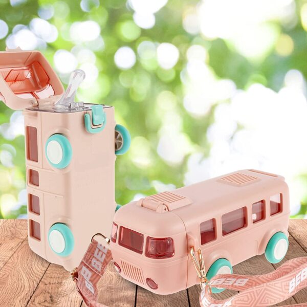 Bus Shape Water Bottle for Kids Detachable Straw with Shoulder Strap Leak-Proof Cartoon Water Bottle with Wheels (Color-Pink) - Image 5