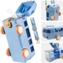 Bus Shape Water Bottle for Kids Detachable Straw with Shoulder Strap Leak-Proof Cartoon Water Bottle with Wheels (Color-Blue)