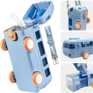 Bus Shape Water Bottle for Kids Detachable Straw with Shoulder Strap Leak-Proof Cartoon Water Bottle with Wheels (Color-Blue)