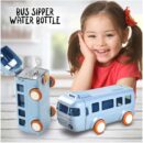 Bus Shape Water Bottle for Kids Detachable Straw with Shoulder Strap Leak-Proof Cartoon Water Bottle with Wheels (Color-Blue)