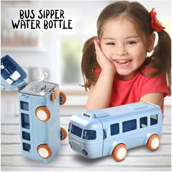 Bus Shape Water Bottle for Kids Detachable Straw with Shoulder Strap Leak-Proof Cartoon Water Bottle with Wheels (Color-Blue) - Image 5