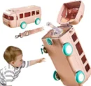 Bus Shape Water Bottle for Kids Detachable Straw with Shoulder Strap Leak-Proof Cartoon Water Bottle with Wheels (Color-Pink)